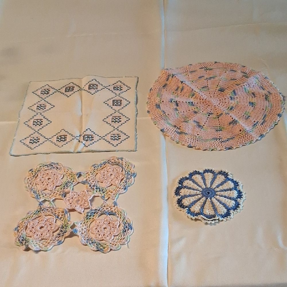 Elegant 4pc. Pink and Blue Crochet Doily Set